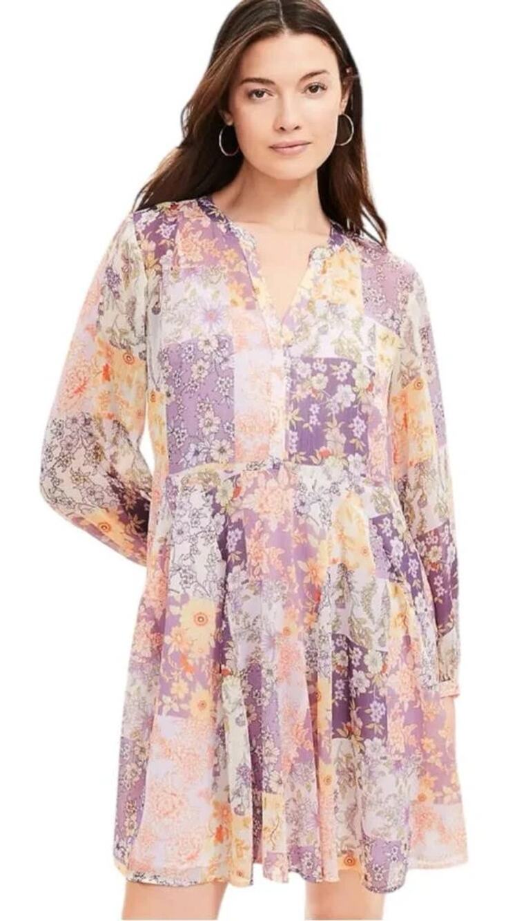 LOFT NEW Floral Patchwork Chiffon Overlay Under-Slip Babydoll Swing Dress XL